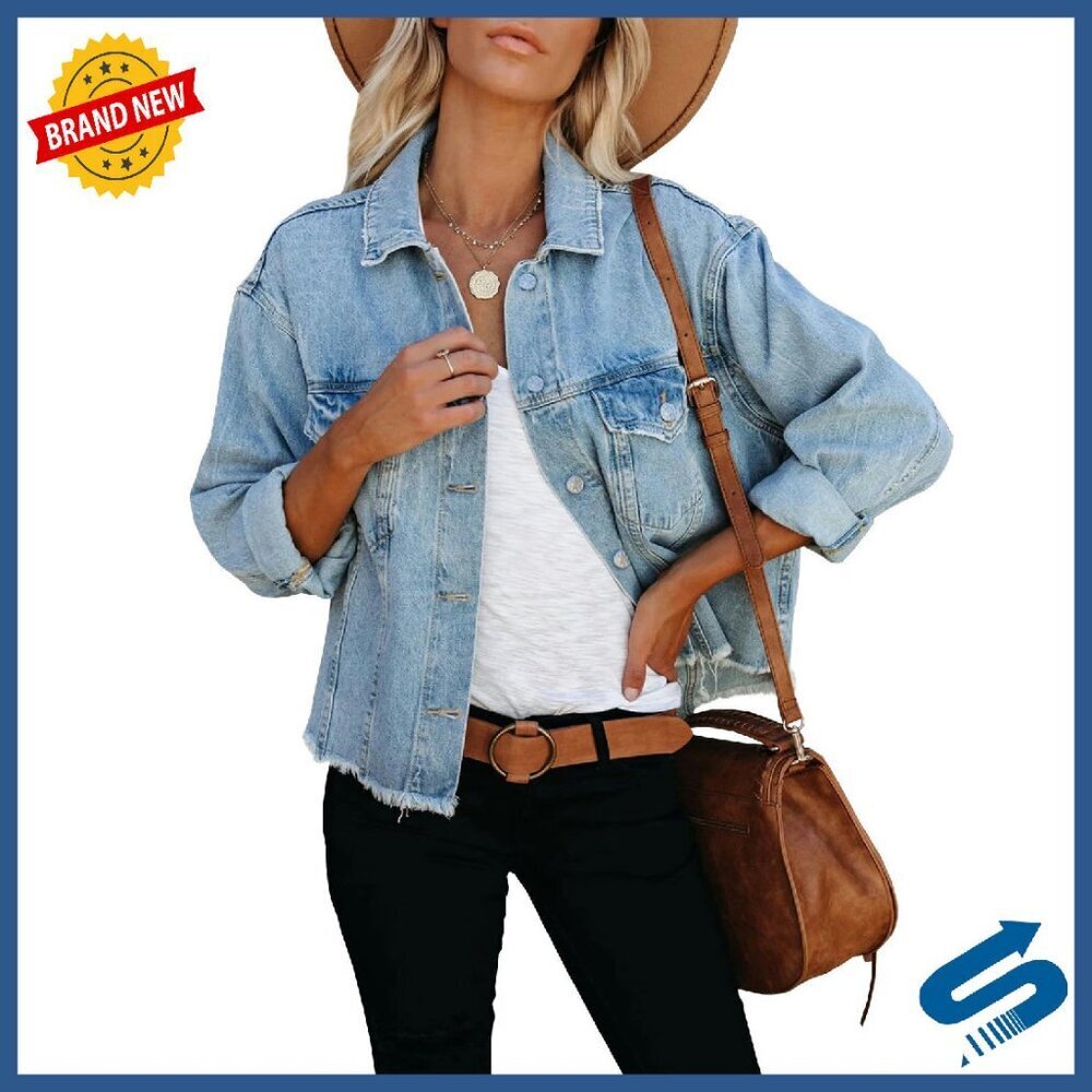 Cropped Denim Jacket with Frayed Hem and Pockets - Women's Size
